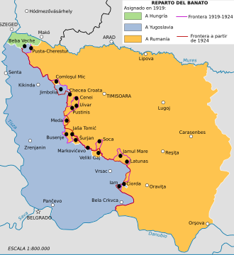 Mapa del reparto del Banato tras la Primera Guerra Mundial