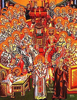 Icono histórico que representa el Primer Concilio de Nicea con los enviados papales