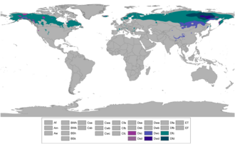 Mapa de localización mundial de los climas continentales subpolares