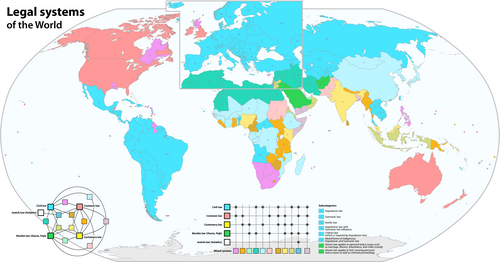 Mapa mundial que ilustra la distribución de los sistemas jurídicos