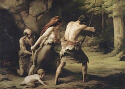 Pintura histórica que representa a un grupo humano durante el periodo prehistórico.