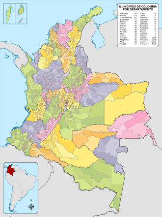 Mapa político de Colombia mostrando la división en departamentos