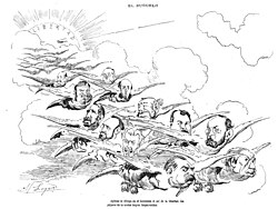 Caricatura de la revista El Buñuelo sobre el abandono del poder del Partido Conservador