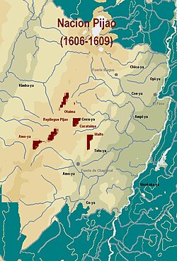 Mapa histórico del territorio pijao entre 1606 y 1609