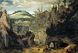 Paisaje con pastores de Cornelis van Dalem, óleo sobre tabla conservado en el Museo del Prado.