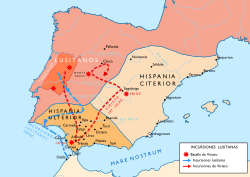 Mapa histórico de las campañas militares de Viriato contra el Imperio Romano.