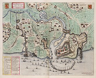 Mapa histórico del Sitio de Geertruidenberg en 1594 por Giovanni Battista Boazio mostrando barcos formando un bloqueo