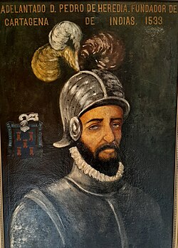 Retrato histórico de Pedro de Heredia con indumentaria de época.