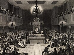 Ilustración histórica de la Cámara de los Comunes en el año 1834.