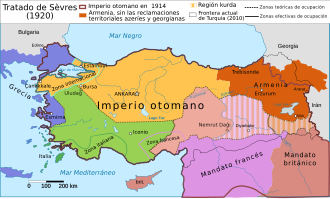 Mapa histórico de la partición de Anatolia y Tracia según el Tratado de Sèvres