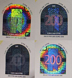 Holograma de seguridad en un billete de 200 euros