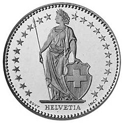 Helvetia representada en una moneda de dos francos suizos