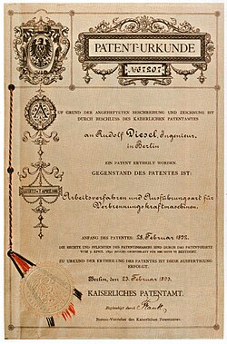 Documento de patente de Rudolf Diesel