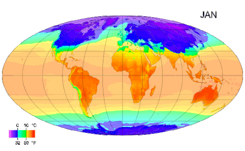 Mapa global que ilustra la oscilación térmica anual en diferentes regiones del planeta.