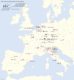 Mapa de la difusión de la imprenta en el siglo XV