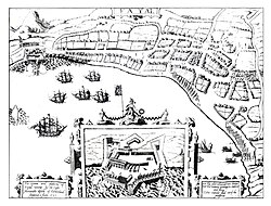 Grabado histórico de la bahía de Horta en 1589