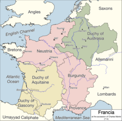 Mapa histórico de Francia en el año 714 que destaca el territorio de Austrasia en color verde.