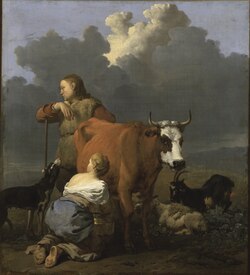 Pintura histórica de una mujer ordeñando una vaca roja.