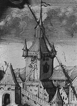 Representación histórica de la Zytglogge en una pintura sobre vidrio de 1542