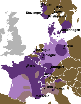 Mapa de la extensión de la pronunciación uvular de la letra r en Europa occidental