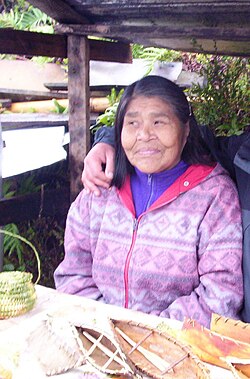 Mujer kawésqar vendiendo artesanías en Puerto Edén