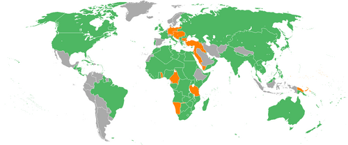 Mapamundi que muestra la participación en la Primera Guerra Mundial con la Entente y los Aliados frente a las Potencias Centrales.