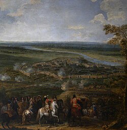 Grabado histórico que muestra el asedio militar a la ciudad de Maastricht en 1673.