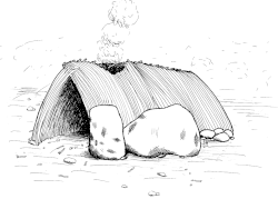 Ilustración de cabaña temporal prehistórica