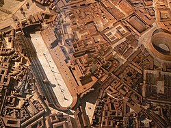 Maqueta histórica de Roma en el siglo IV que muestra la disposición urbana del Circo Máximo