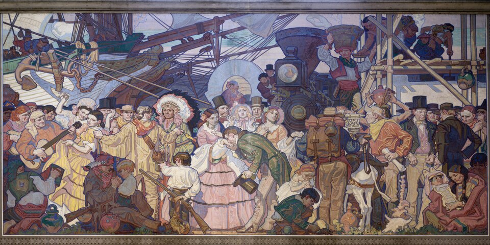 Obra artística representando aspectos históricos de la colonización y desarrollo de California.