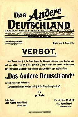 Semanario pacifista Das Andere Deutschland con su edición final de marzo de 1933 prohibida por la policía de Berlín.