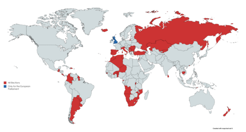 Mapa mundial que muestra los países con sistemas electorales de listas cerradas.