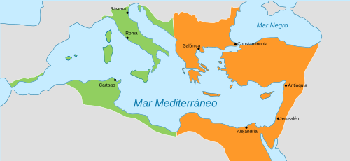 Mapa histórico de las conquistas del Imperio bizantino en el siglo VI