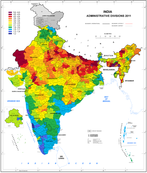 Mapa de la tasa de fecundidad total por distritos en 2011