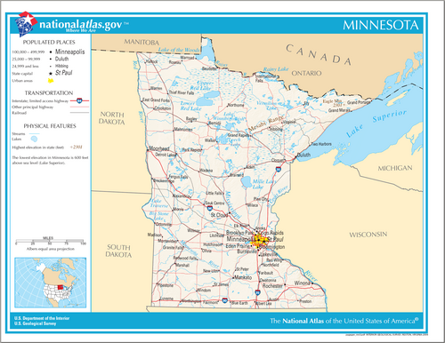 Mapa general de carreteras y cuerpos de agua de Minnesota