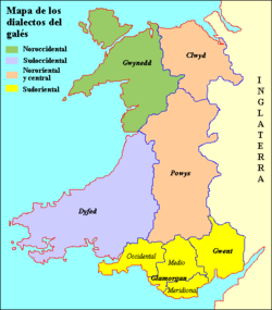 Mapa de los dialectos del idioma galés