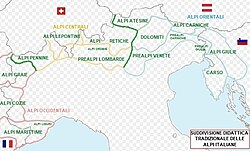 Situación geográfica de los Alpes Italianos en el norte de Italia