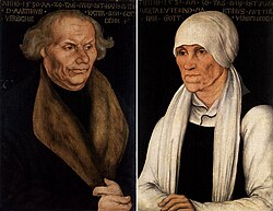 Retratos históricos de Hans y Margarita Luder, padres de Martín Lutero, pintados por Lucas Cranach el Viejo en 1527.