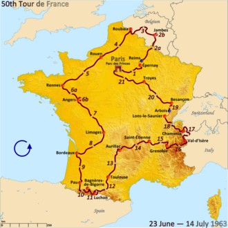 Mapa del recorrido del Tour de Francia 1963