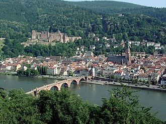Vista histórica de la ciudad de Heidelberg con su castillo y el Puente Viejo
