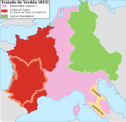Mapa histórico de la división territorial derivada del Tratado de Verdún en 843.