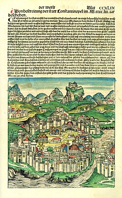 Página de la Crónica de Núremberg representando Constantinopla con colorido a mano