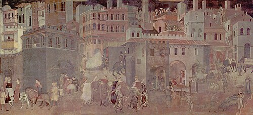 Detalle de la Alegoría del buen gobierno, fresco pintado por Ambrogio Lorenzetti en el Salón de los Nueve del ayuntamiento de Siena.