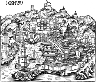 Ilustración histórica de la ciudad de Génova en 1493.