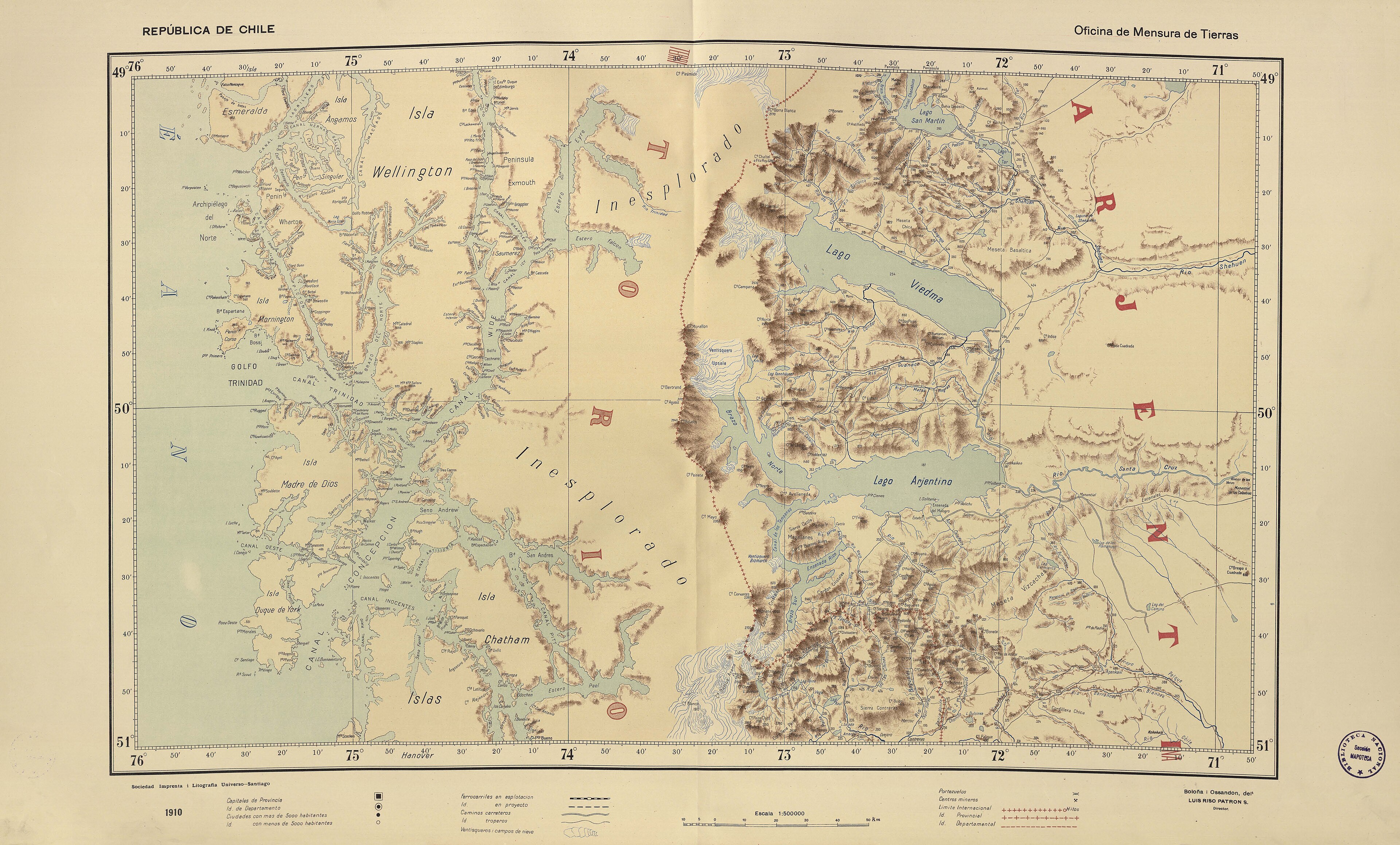 Mapa histórico de la zona de los cerros Daudet, Stoke y Cubo