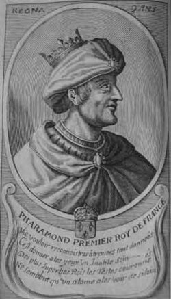 Grabado de Faramundo como el primer rey de Francia