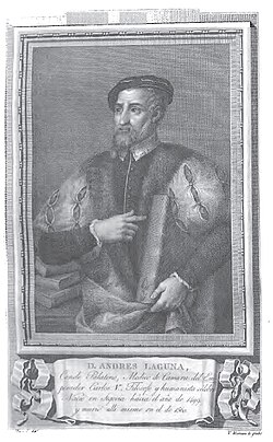 Grabado histórico de Andrés Laguna como Conde Palatino y médico de Carlos V