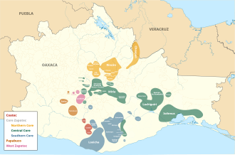 Distribución geográfica de las lenguas zapotecas en el estado de Oaxaca