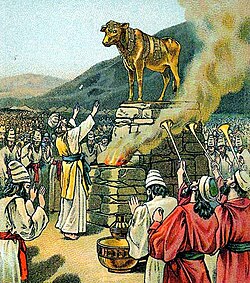 Adoración del becerro de oro, ejemplo clásico de idolatría en la tradición judía.