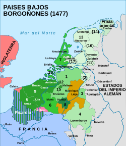 Mapa de las 17 provincias de los Países Bajos en 1477